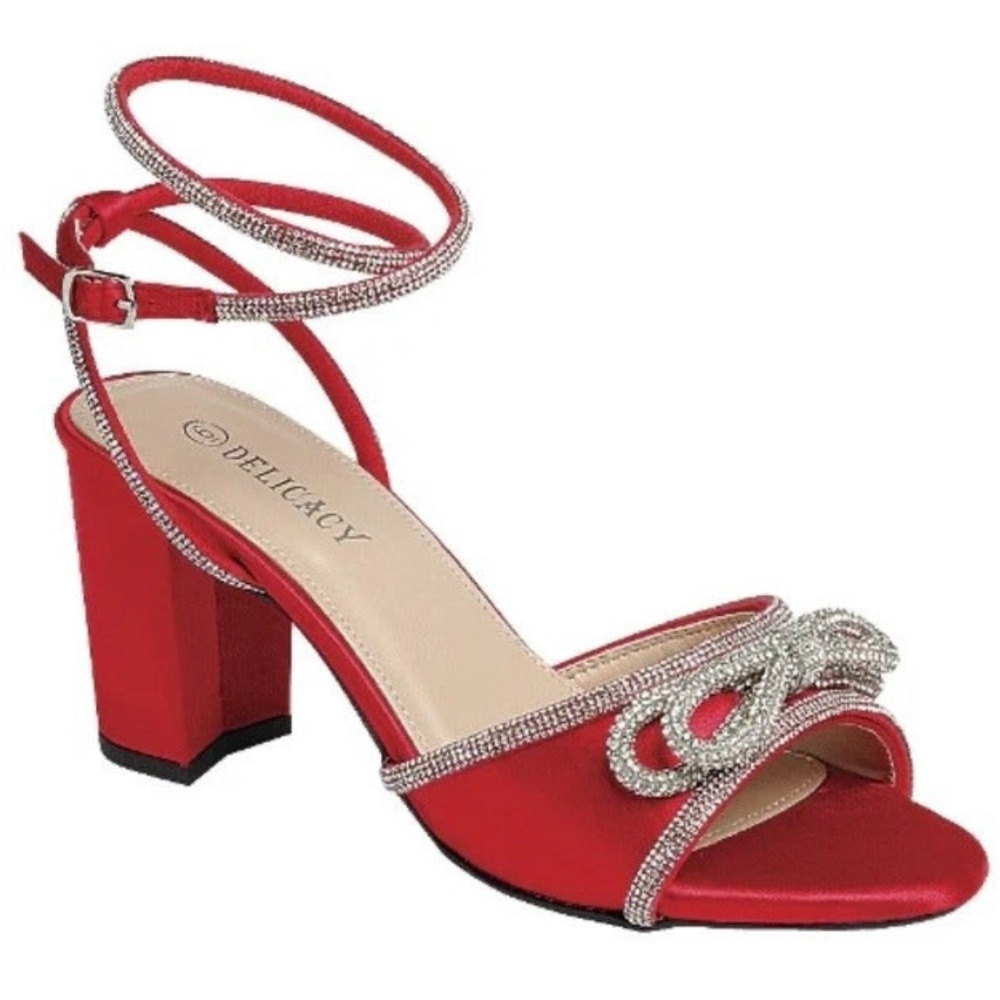 Rhinestone Embellished Bow Lace-Up Block Heels - Delicacy